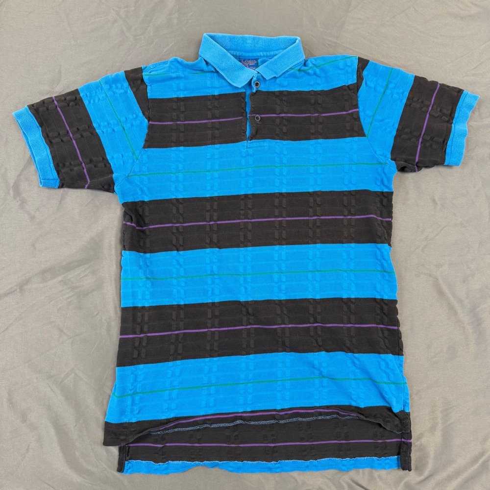 Lobo by Pendleton Mens Large Blue Black Textured Striped Cotton Polo Shirt USA
